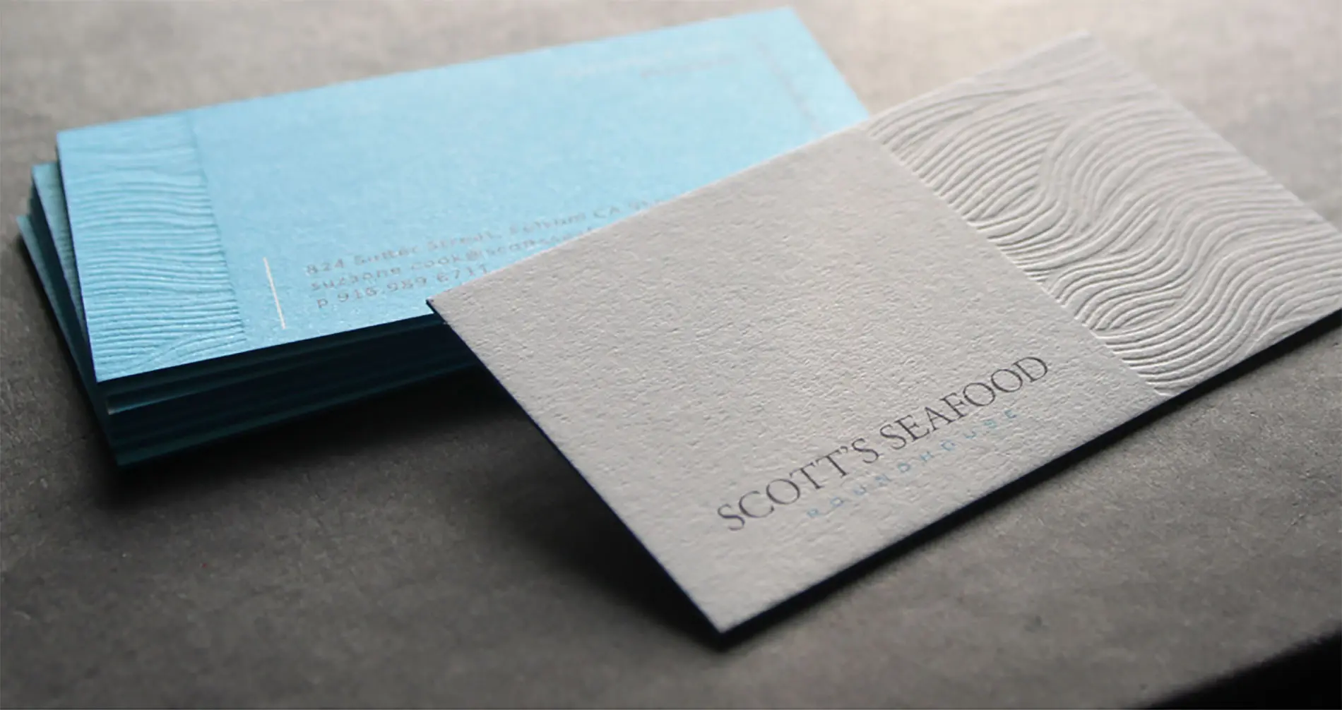 Scott's Seafood Roundhouse restaurant custom business card letter pressed design
