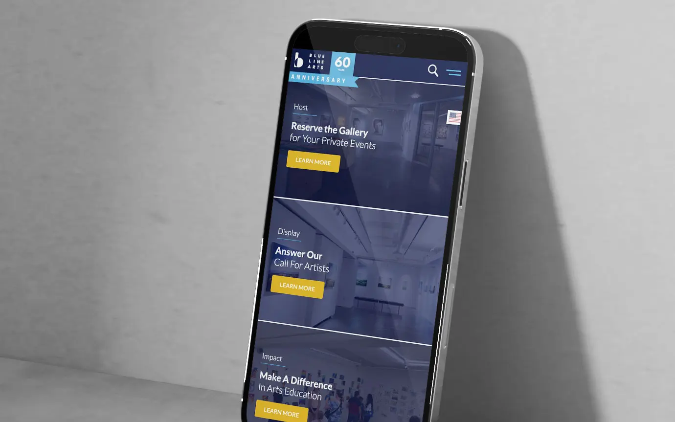 Blue Line Arts gallery website on phone