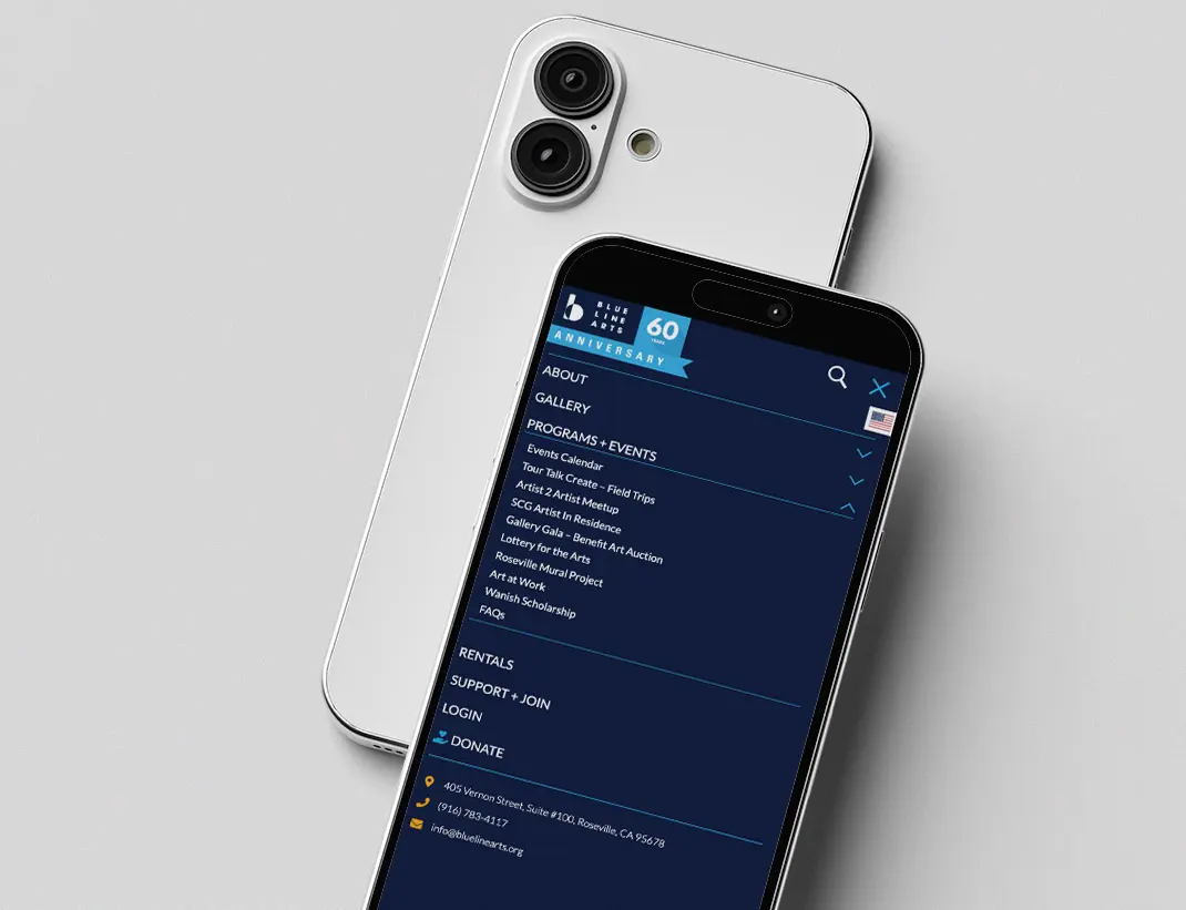 Blue Line Arts gallery website mobile menu on phone