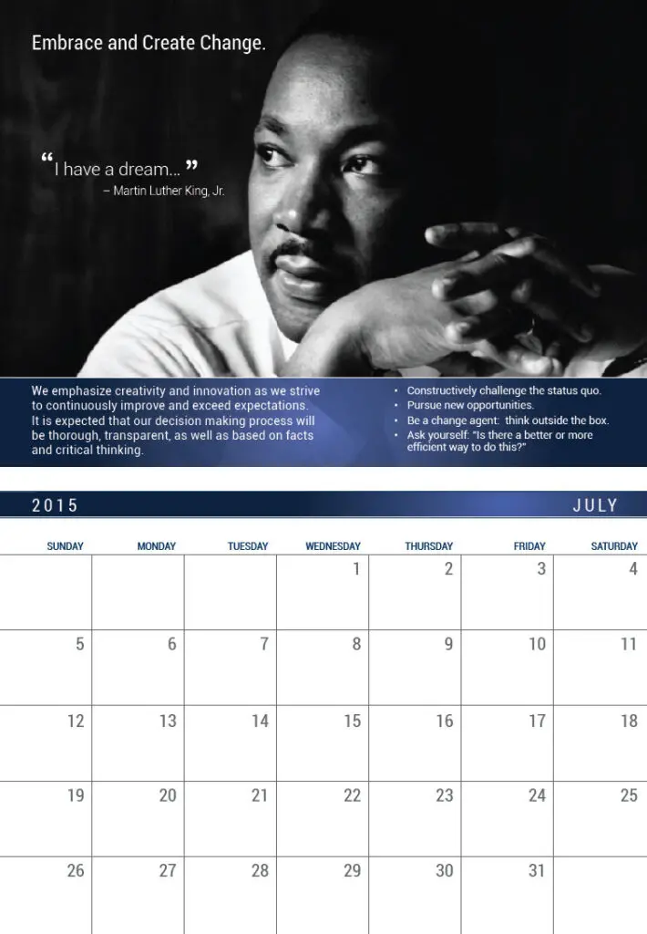 Martin Luther King Jr. quoted inside of calendar for River City Bank