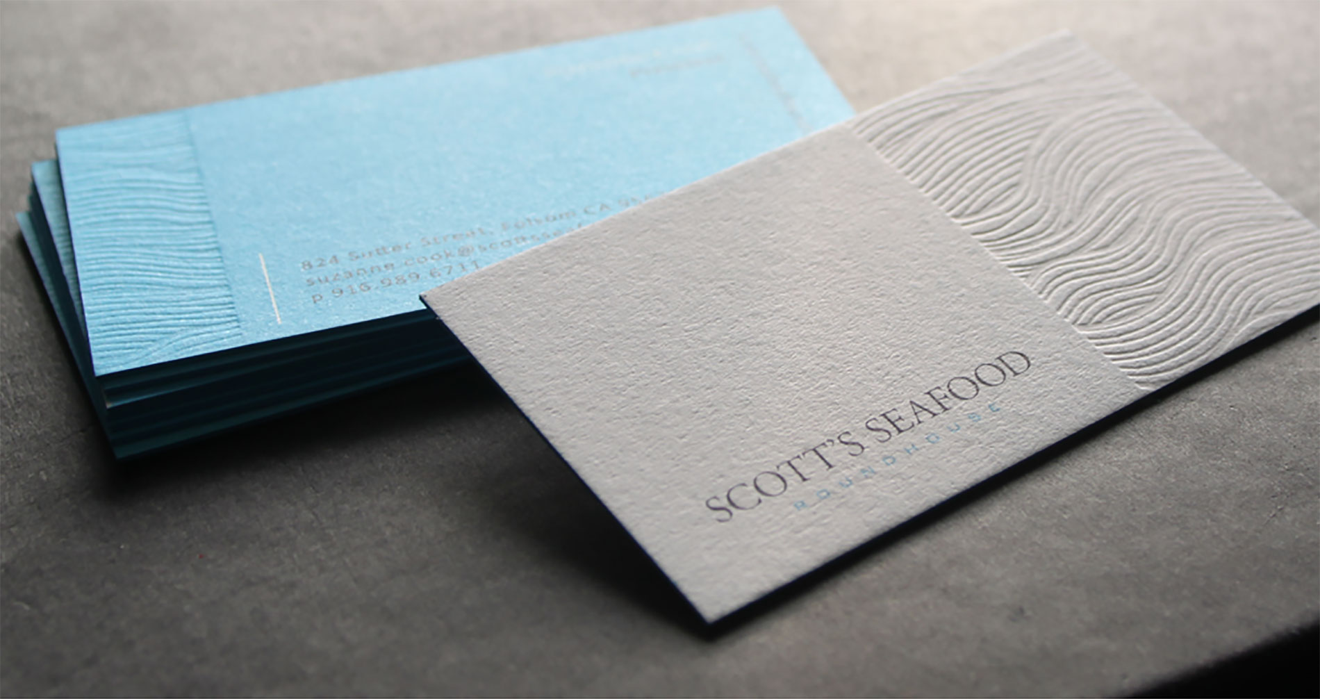 Scott's Seafood Roundhouse restaurant custom business card letter pressed design