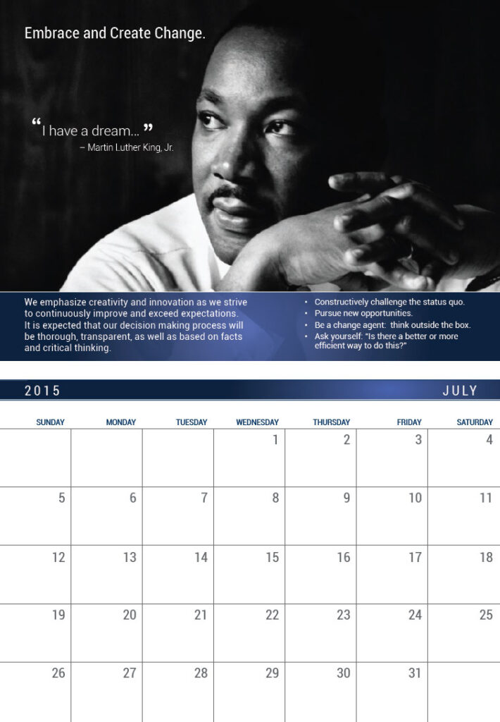 Martin Luther King Jr. quoted inside of calendar for River City Bank